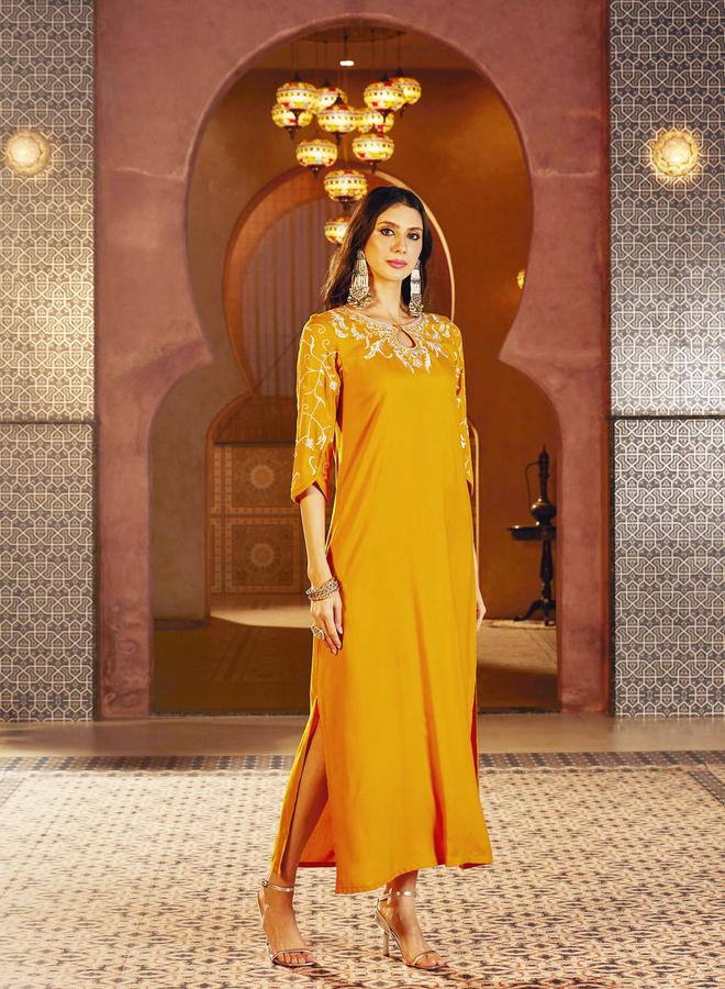 SASSAFRAS Mustard Embroidered Neck Rayon Abaya Dress - Image 3