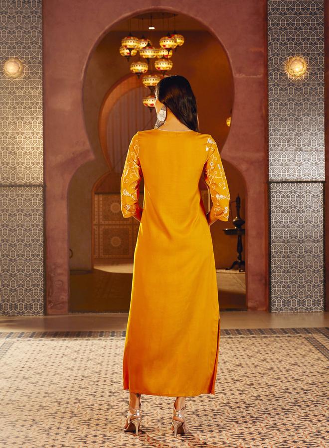 SASSAFRAS Mustard Embroidered Neck Rayon Abaya Dress - Image 5