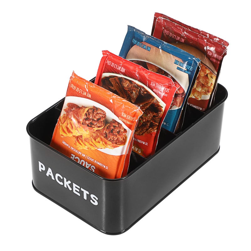 BSTKEY Seasoning Packet Organizer, Food Storage Organizer with Divided 4 Compartments, Metal Storage Caddy for Kitchen Pantry Cabinet, Kitchen Organization Bin for Snacks Spice Packets, Black - Image 1