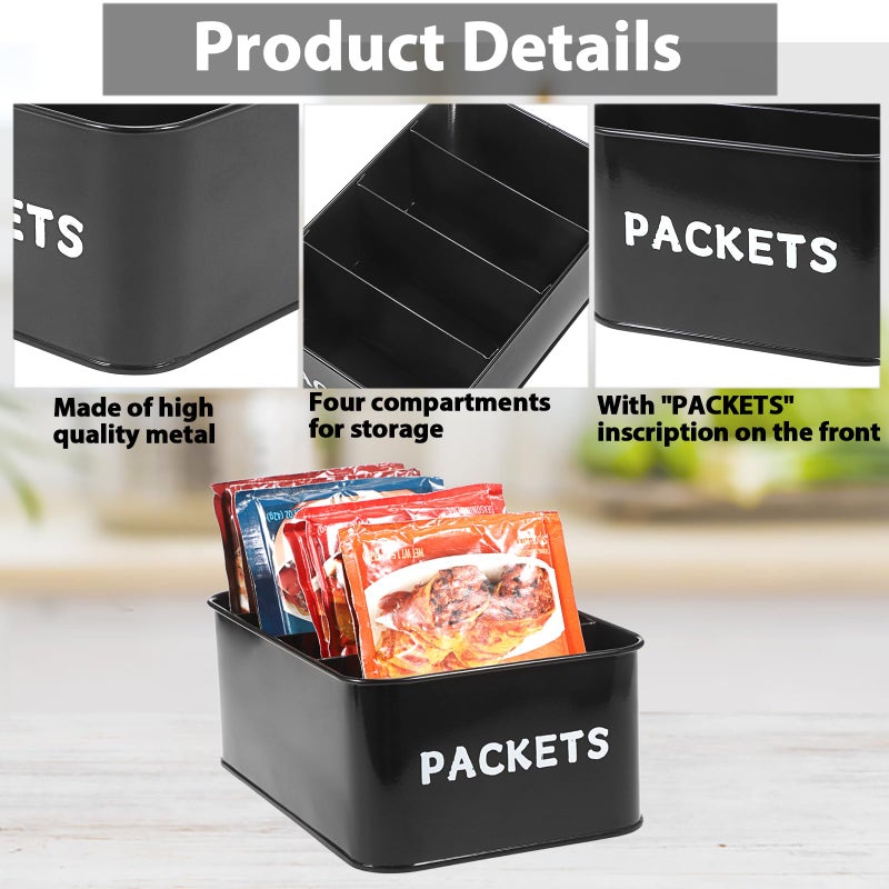 BSTKEY Seasoning Packet Organizer, Food Storage Organizer with Divided 4 Compartments, Metal Storage Caddy for Kitchen Pantry Cabinet, Kitchen Organization Bin for Snacks Spice Packets, Black - Image 3