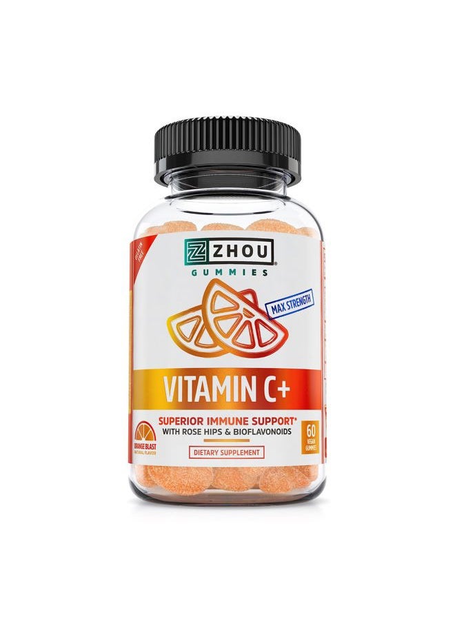 Zhou Nutrition Zhou Nutrition Vitamin C+ Immune Support Gummies Max Strength with Rose Hips & Bioflavonoids, Non-GMO, Vegan, Gluten Free, Orange Blast Flavor, 60 Count  - Image 1