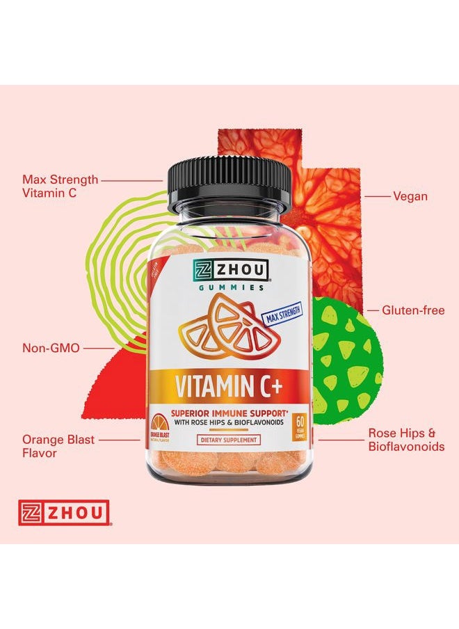 Zhou Nutrition Zhou Nutrition Vitamin C+ Immune Support Gummies Max Strength with Rose Hips & Bioflavonoids, Non-GMO, Vegan, Gluten Free, Orange Blast Flavor, 60 Count  - Image 4