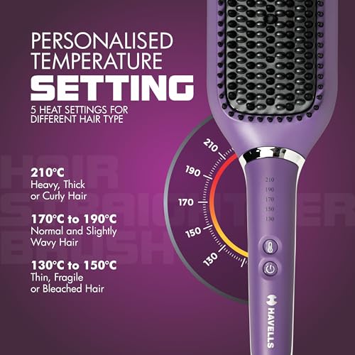 Havells Keratin Infused Hair Straightener Brush With Temperature Control For All Hair Types | 50 Watts | 2 Years Guarantee | Stunning Purple | Hs4201 - Image 2
