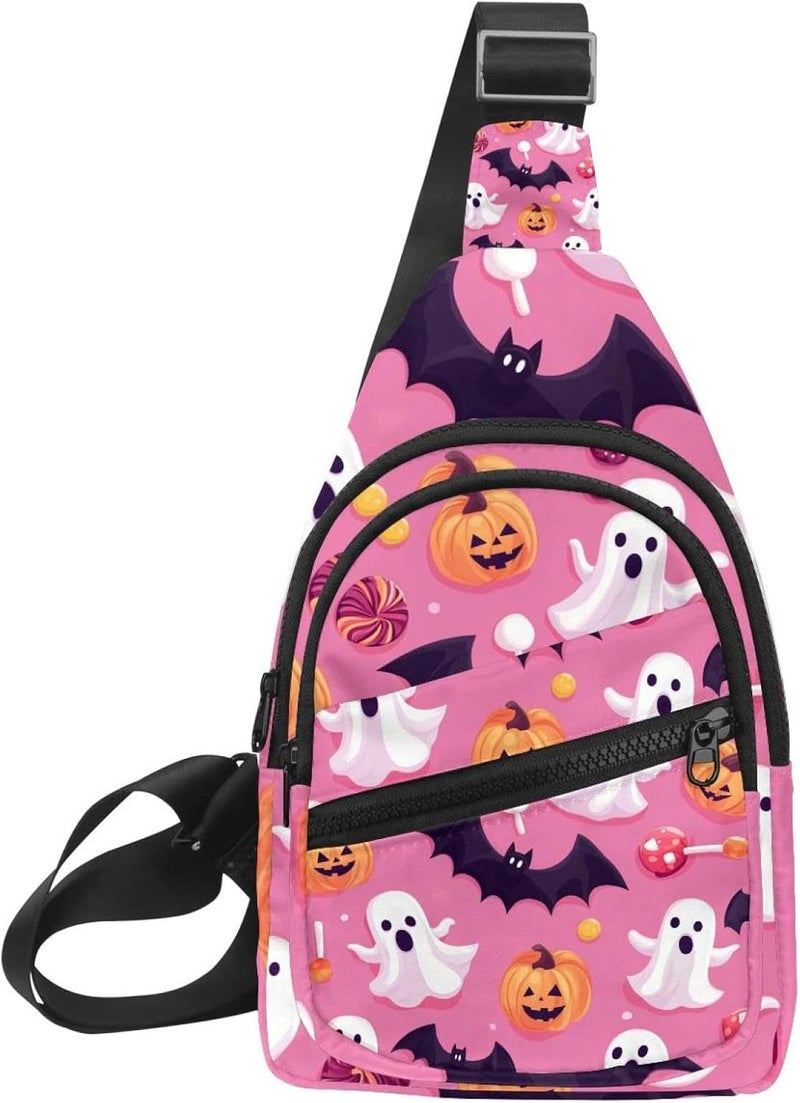 Halloween Bats Candies Pumpkins Sling Backpack, Adjustable Crossbody Shoulder Bag Travel Hiking Daypack - Image 1