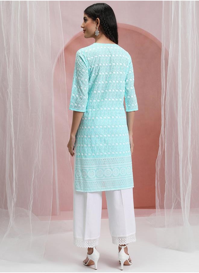 Vishudh Blue & White Floral Embroidered Round Notched Neck Straight Kurta by Styli  - Image 3