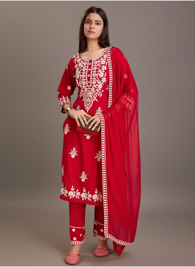 DW Floral Embroidered Round Neck Kurta with Trousers and Dupatta Set by Styli  - Image 1
