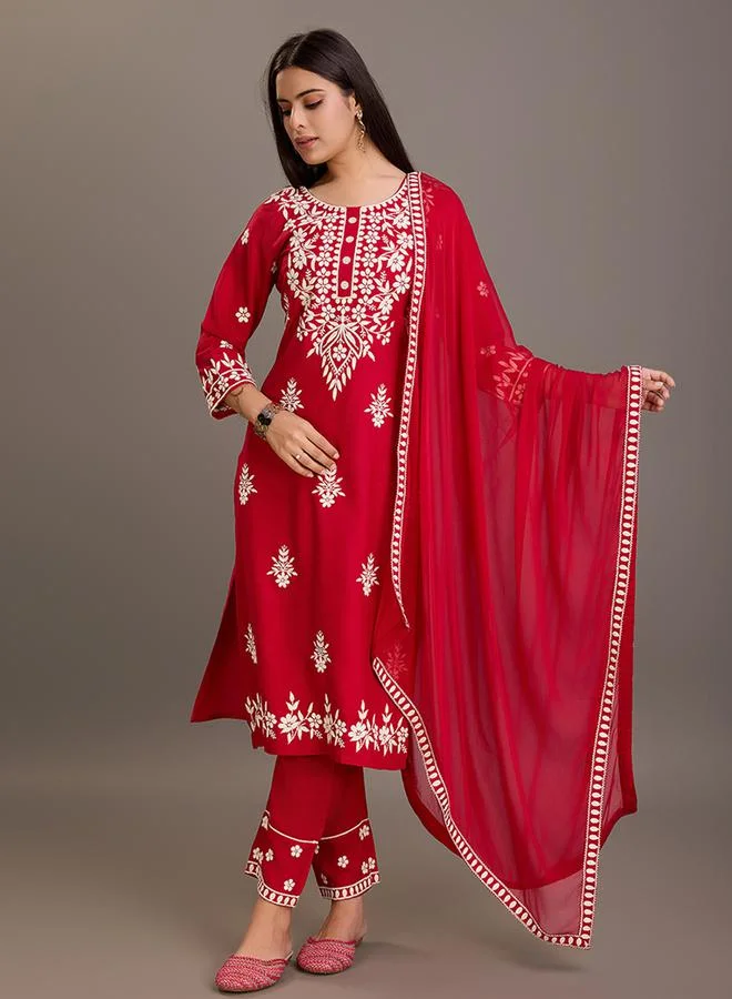 DW Floral Embroidered Round Neck Kurta with Trousers and Dupatta Set by Styli