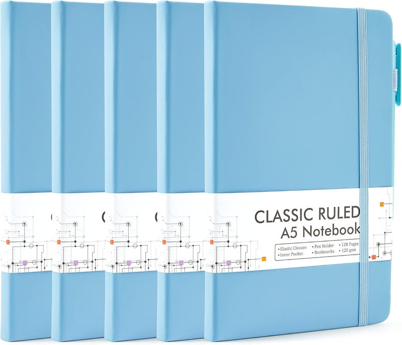 Feela 5 Pack Notebooks Journals Bulk, Hardcover Classic Ruled Lined Journals with Pen Holder for Women Girls School Business Supplies, with 5 Black Pens, 120 GSM, 5.1”x8.3”, A5, Blue - Image 1
