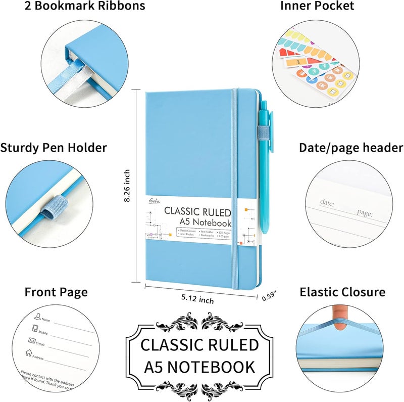Feela 5 Pack Notebooks Journals Bulk, Hardcover Classic Ruled Lined Journals with Pen Holder for Women Girls School Business Supplies, with 5 Black Pens, 120 GSM, 5.1”x8.3”, A5, Blue - Image 2