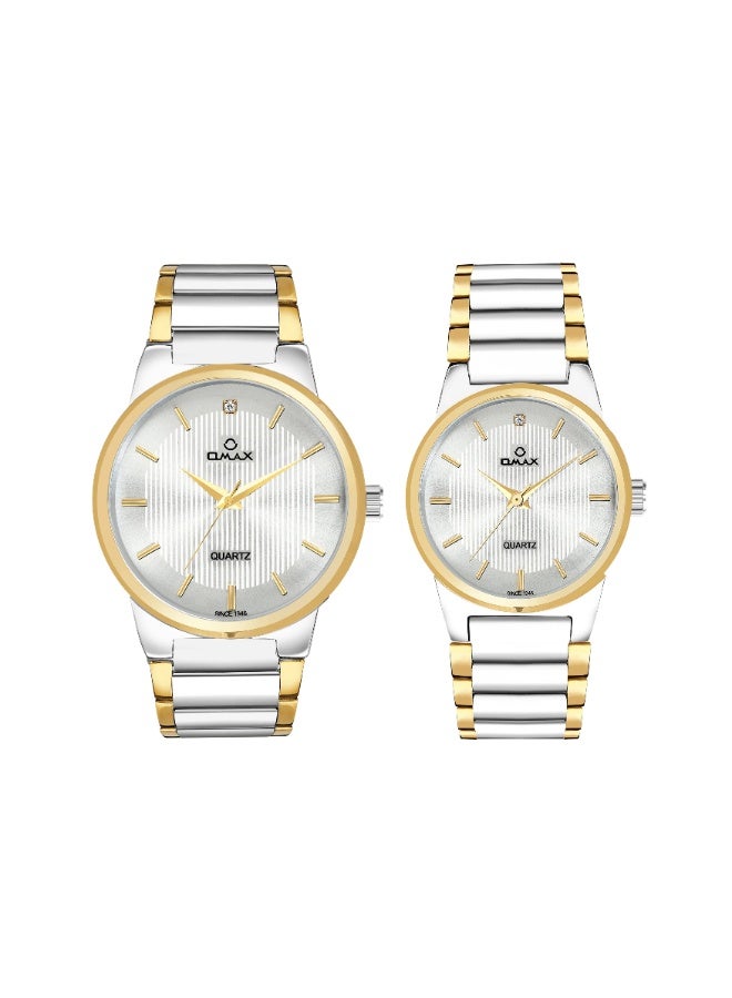 أوماكس زوج ساعات أنالوج بمينا أبيض وحزام من الفولاذ المقاوم للصدأ باللونين الفضي والذهبي للزوجين - Image 1