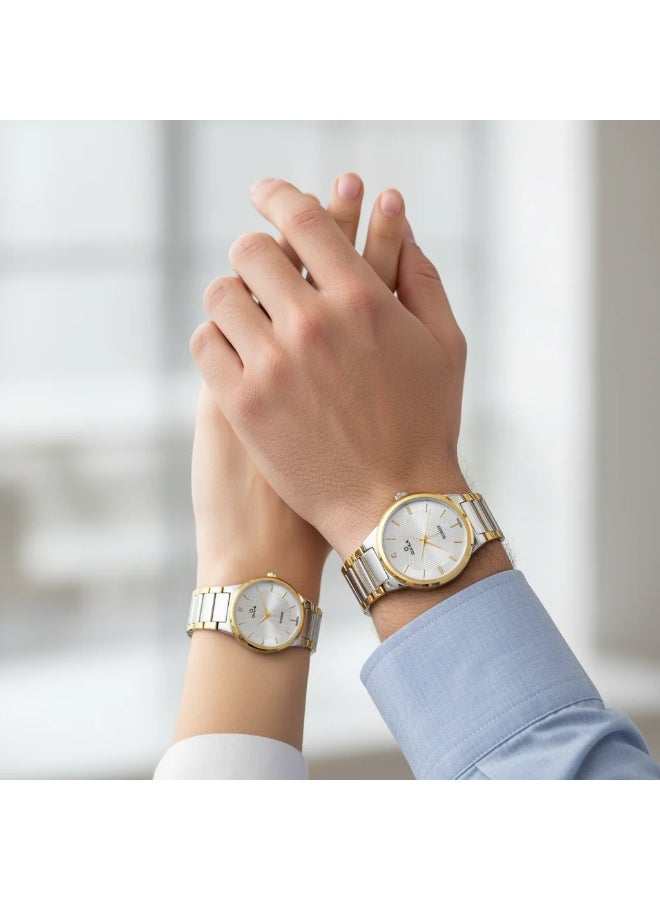 أوماكس زوج ساعات أنالوج بمينا أبيض وحزام من الفولاذ المقاوم للصدأ باللونين الفضي والذهبي للزوجين - Image 2