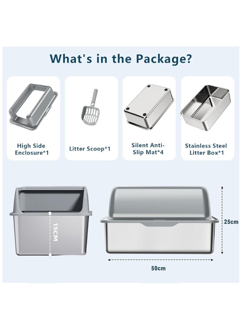 صندوق قمامة قطط من الفولاذ المقاوم للصدأ بجوانب عالية، صندوق قمامة قطط كبير مضاد للتناثر مع مغرفة قمامة قطط، صندوق قمامة معدني غير لاصق، مضاد للتسرب، كبير الحجم، غير لاصق - Image 5