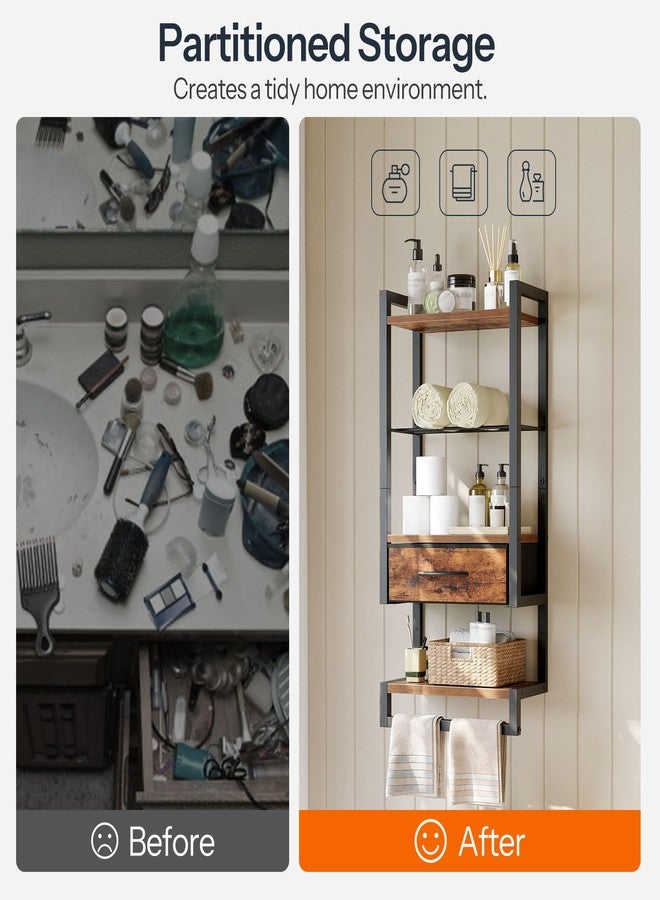 HOOBRO Wall Mounted Towel Rack with Shelf and Drawer, Bathroom Wall Storage Shelf with Towel Bar, Space Saving Over Toilet Organizer for Bathroom, Rustic Brown BF11LB01 - Image 4