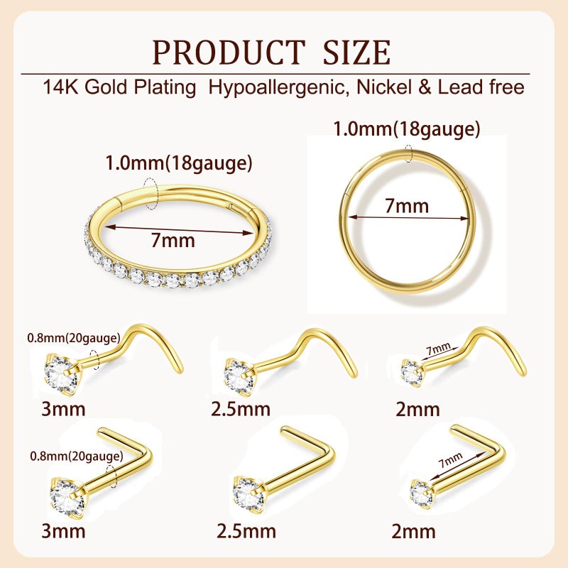 DAILI 8PCS Nose Stud Titanium Nose Ring, Gold Nose Rings for Women Men Hypoallergenic Nose Hoops L Shape Nose Studs Corkscrew CZ Nose Piercing Jewelry Silver 18G 20G Nose Rings Studs 2/2.5/3mm - Image 3