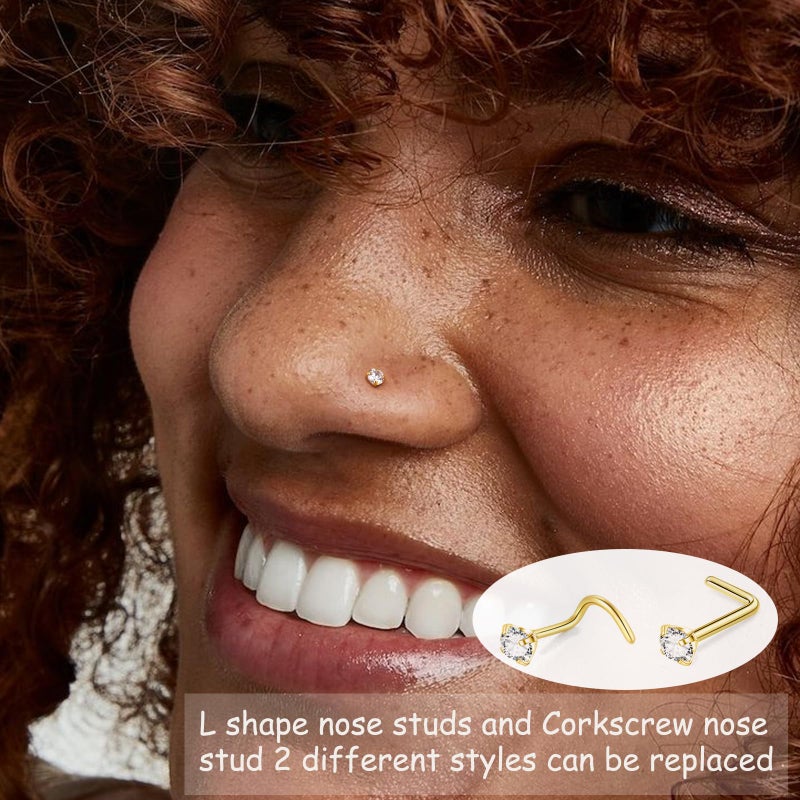 DAILI 8PCS Nose Stud Titanium Nose Ring, Gold Nose Rings for Women Men Hypoallergenic Nose Hoops L Shape Nose Studs Corkscrew CZ Nose Piercing Jewelry Silver 18G 20G Nose Rings Studs 2/2.5/3mm - Image 2