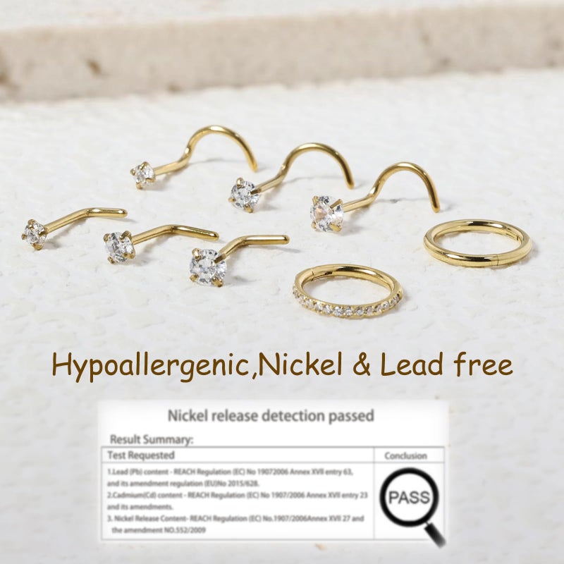 DAILI 8PCS Nose Stud Titanium Nose Ring, Gold Nose Rings for Women Men Hypoallergenic Nose Hoops L Shape Nose Studs Corkscrew CZ Nose Piercing Jewelry Silver 18G 20G Nose Rings Studs 2/2.5/3mm - Image 5