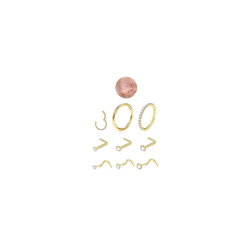 DAILI 8PCS Nose Stud Titanium Nose Ring, Gold Nose Rings for Women Men Hypoallergenic Nose Hoops L Shape Nose Studs Corkscrew CZ Nose Piercing Jewelry Silver 18G 20G Nose Rings Studs 2/2.5/3mm - Image 1