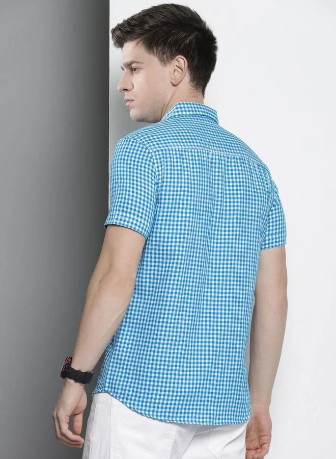 The Indian Garage Co Men Slim Fit Checkered Half Sleeves Cutaway Collar Casual Shirt