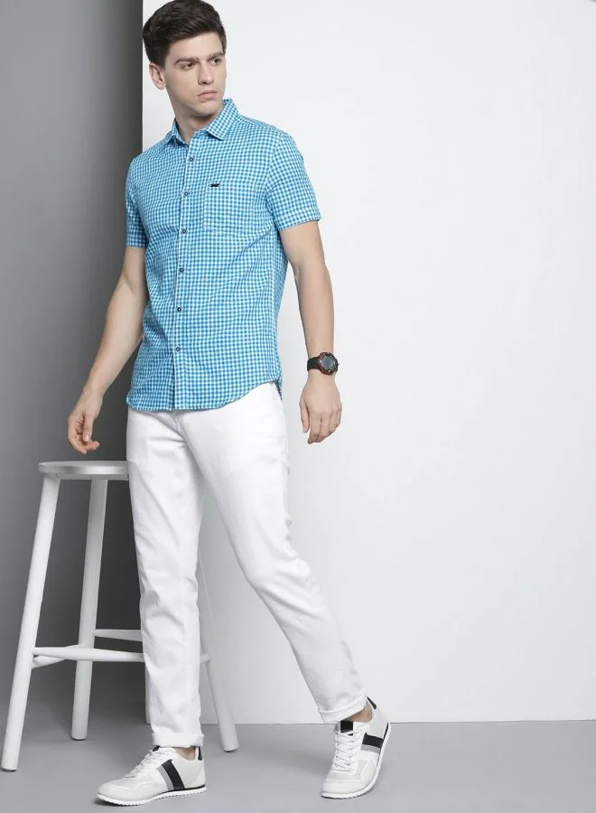 The Indian Garage Co Men Slim Fit Checkered Half Sleeves Cutaway Collar Casual Shirt