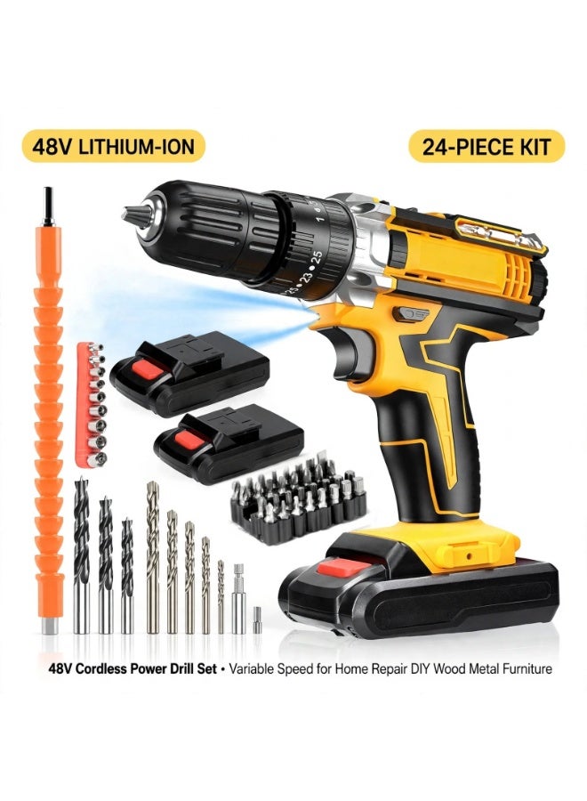 ELTRAZONE 48V Cordless Power Drill Set, Electric Drill Driver with Lithium-Ion Battery & Charger, Variable Speed Handheld Drill Machine with 24-Piece Accessories Kit for Wood, Metal, Furniture, Home Repair & DIY - Image 1
