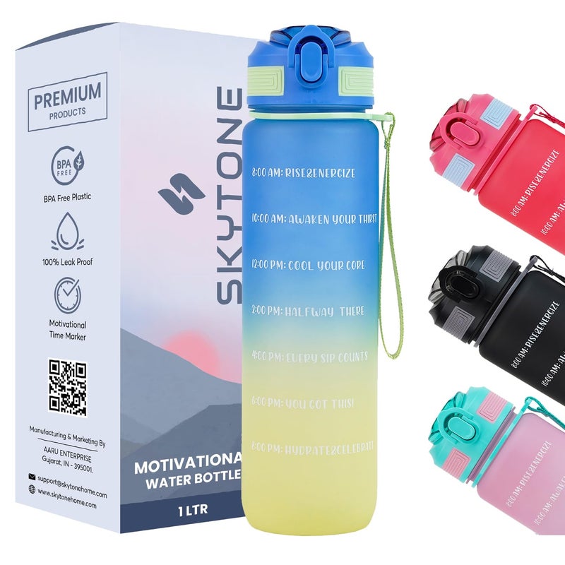 SKYTONE Water Bottle 1 Litre with Motivational Time Marker For Adults, Non-Toxic Water bottle for office, Water bottle for gym, Running (Blue) - Image 1