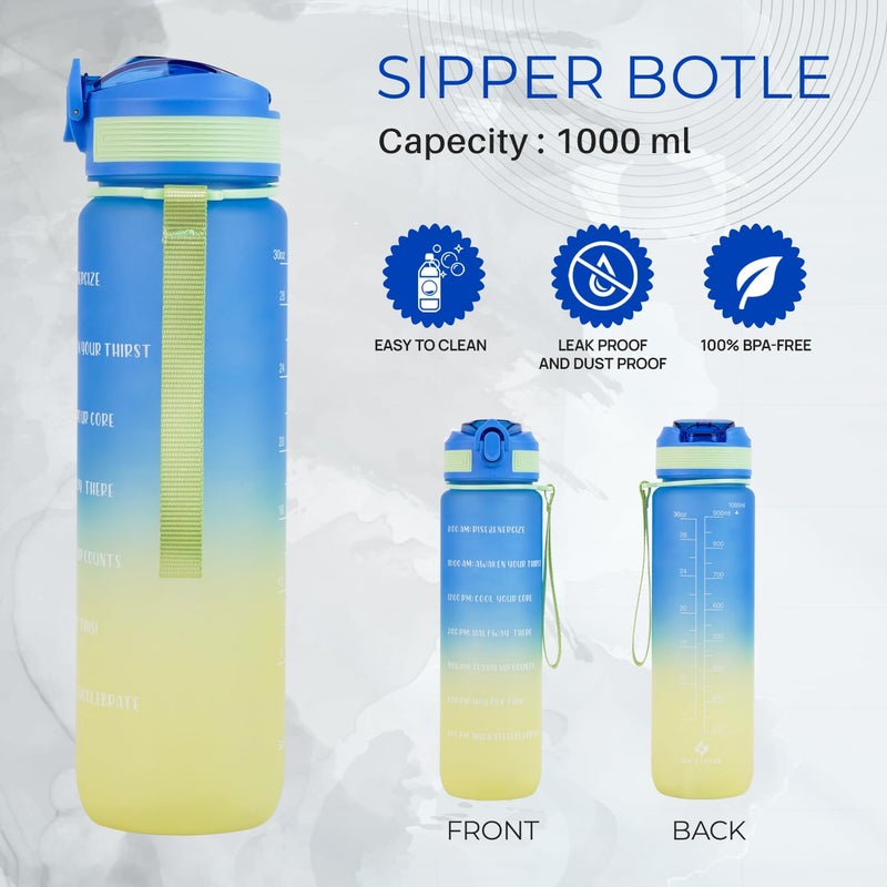 SKYTONE Water Bottle 1 Litre with Motivational Time Marker For Adults, Non-Toxic Water bottle for office, Water bottle for gym, Running (Blue) - Image 2