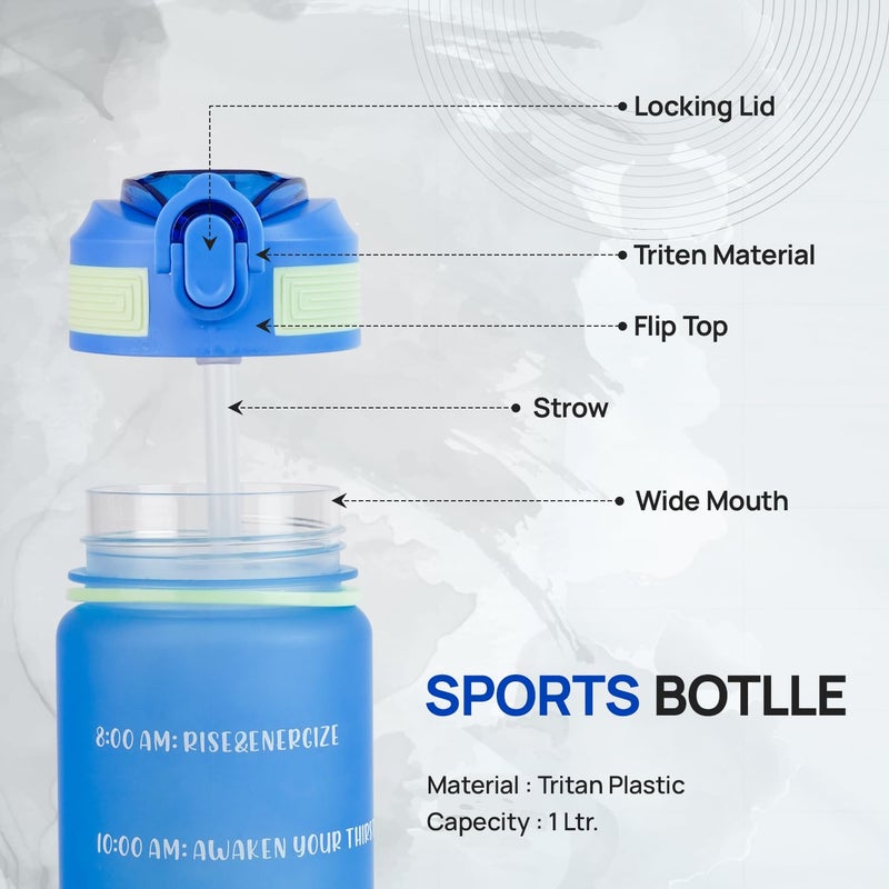 SKYTONE Water Bottle 1 Litre with Motivational Time Marker For Adults, Non-Toxic Water bottle for office, Water bottle for gym, Running (Blue) - Image 4