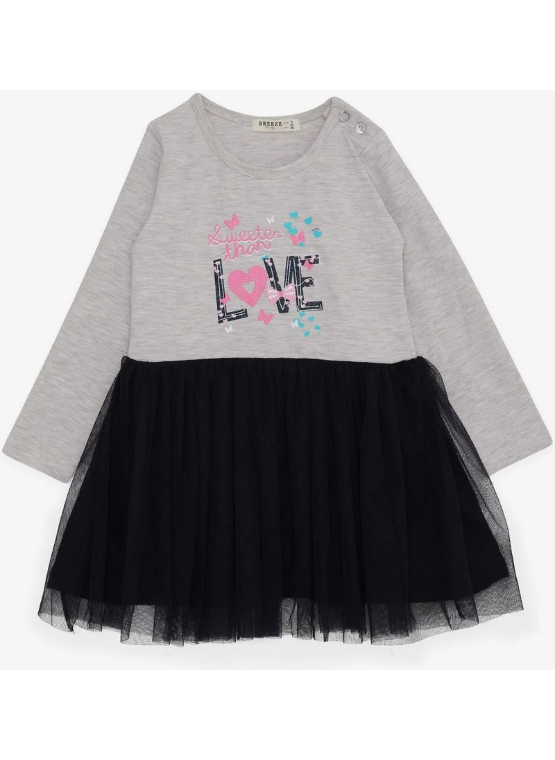 بريز Girl's Long Sleeve Dress Tulle Text Printed Beige