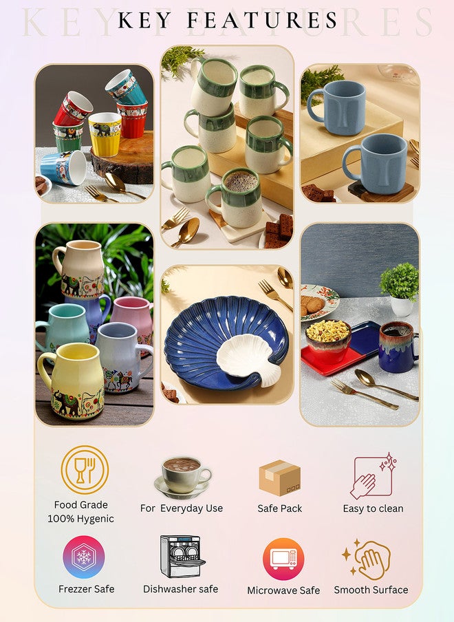 Arrabi Conical Shaped Blue Colourblocked Ceramic Microwave Safe 6 Piece Mugs-300ml - Image 5
