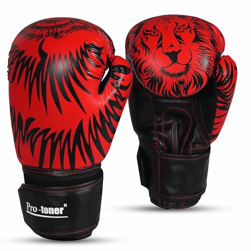 Protoner Pro-Toner Boxing Gloves, Red and Black Tiger Print Design, Faux Leather, for Men and Women (Red/Black, 12 oz) - Image 1