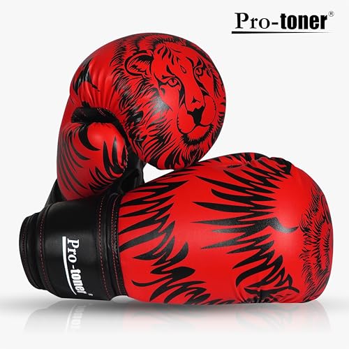 Protoner Pro-Toner Boxing Gloves, Red and Black Tiger Print Design, Faux Leather, for Men and Women (Red/Black, 12 oz) - Image 2
