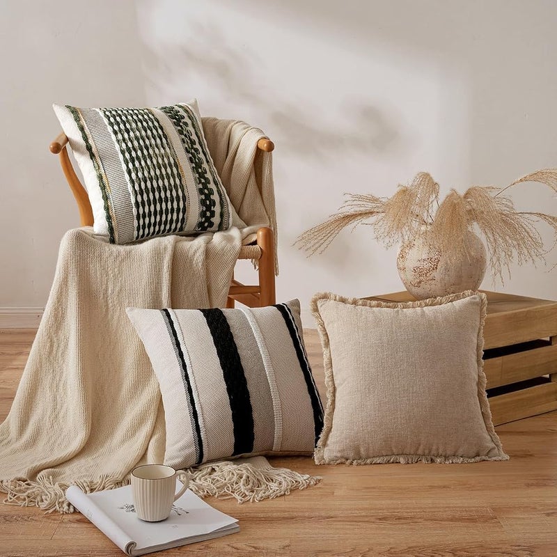 ANRODUO Pack of 2 Boho Decorative Throw Pillow Covers 18x18 Farmhouse Cushion Case Striped Chenille Pillow Cases Square Pillow Covers Accent Neutral Pillowcase for Sofa Couch Bed, Olive Green Stripe - Image 3
