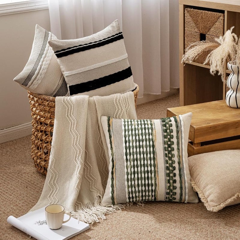 ANRODUO Pack of 2 Boho Decorative Throw Pillow Covers 18x18 Farmhouse Cushion Case Striped Chenille Pillow Cases Square Pillow Covers Accent Neutral Pillowcase for Sofa Couch Bed, Olive Green Stripe - Image 2