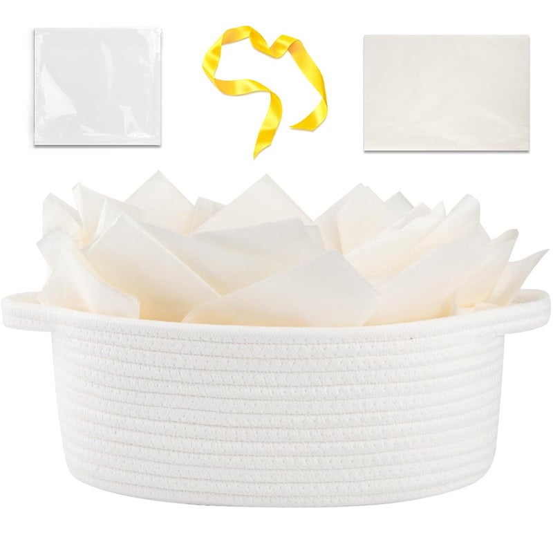OIAHOMY Gift Basket with Handle, Small Woven Basket with Gift Bag, Ribbon and Wrap Tissue Paper, Nursery Bins Empty to Fill with Small Items, Baby, Pet Toy Organizer - White - Image 1