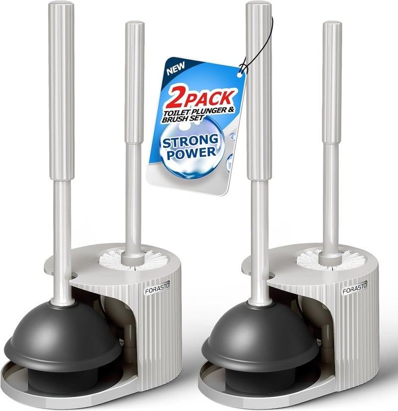FORASTO 2Pack 2 in 1 Toilet Plunger and Brush Set,Extended Handle Plunger,Toilet Bowl Brush Plunger Set,Bathroom Cleaning Tools,Cleaning Brush,Toilet Brush Plunger Combo,Cream Grey（21inch） - Image 1