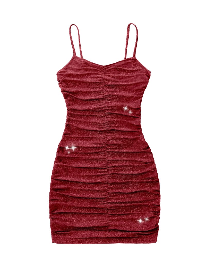 EXARUS Girls Formal Dress Party Sparkly Dance Glitter Tight Mini Short Cute Cami Ruched Bodycon Pencil Special Occasion Dresses Red 10 Years - Image 1