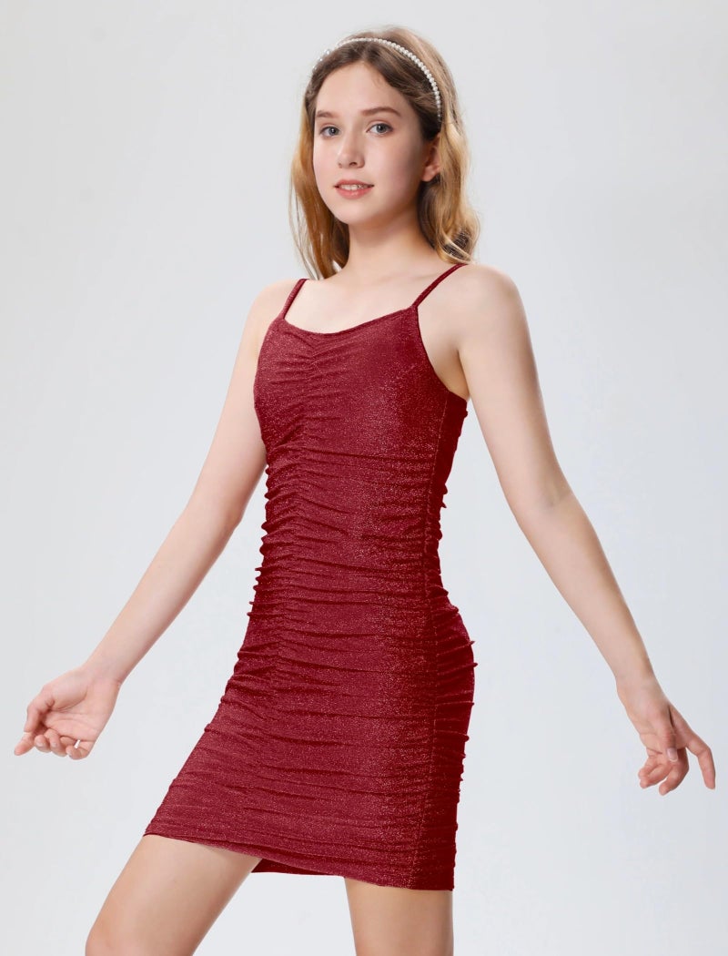 EXARUS Girls Formal Dress Party Sparkly Dance Glitter Tight Mini Short Cute Cami Ruched Bodycon Pencil Special Occasion Dresses Red 10 Years - Image 2