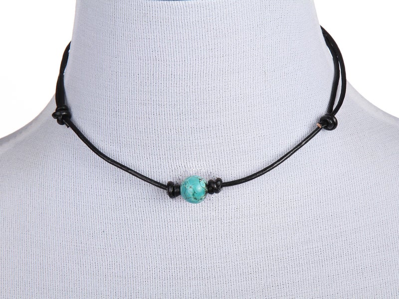Barch Young Single Turquoise Choker Necklace Beach Boho on Black Leather Cord for Men and Women (Round Adjustable) - Image 4