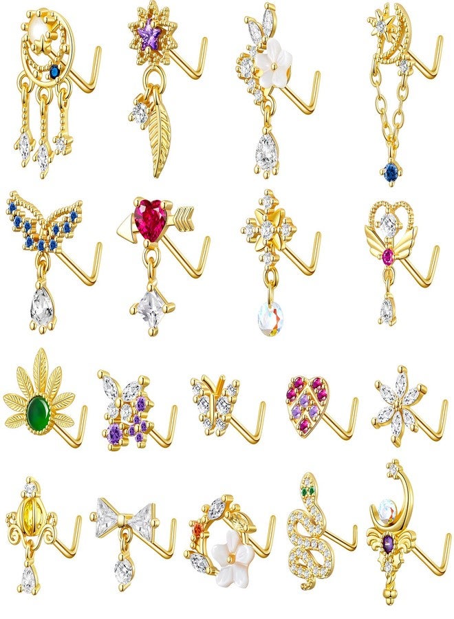 TAMHOO 18Pcs 18G Nose Rings L Shape Nose Ring Stud for Women-Butterfly Nose Ring - Gold Nose Studs for Women - Image 1
