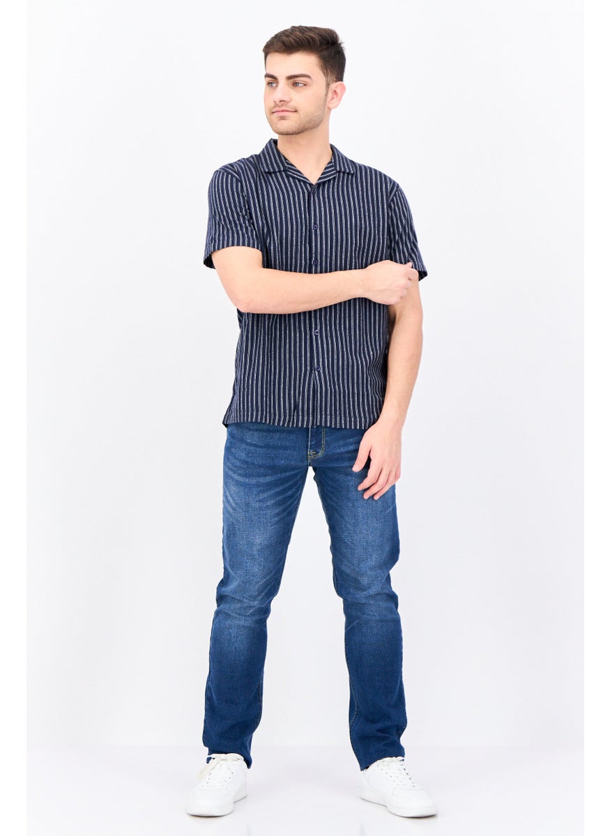 Algspar Men Regular Fit Stripe Short Sleeves Casual Shirt, Sage Navy  - Image 4