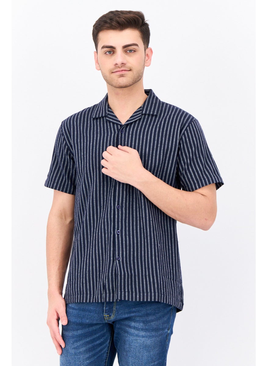 Algspar Men Regular Fit Stripe Short Sleeves Casual Shirt, Sage Navy  - Image 1