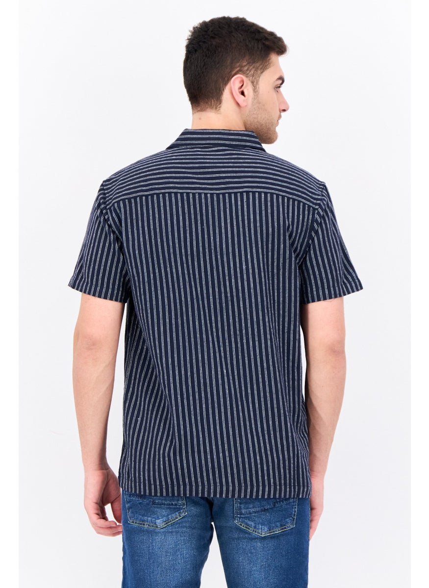 Algspar Men Regular Fit Stripe Short Sleeves Casual Shirt, Sage Navy  - Image 2
