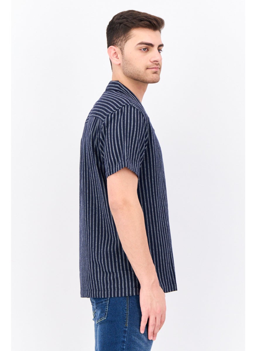 Algspar Men Regular Fit Stripe Short Sleeves Casual Shirt, Sage Navy  - Image 3
