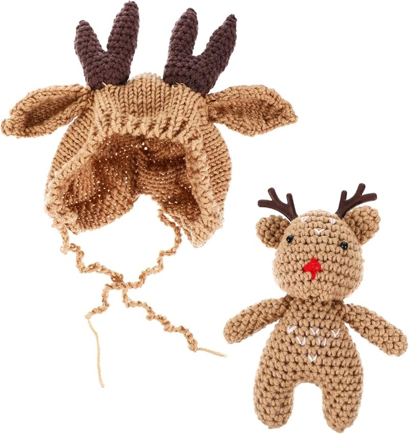 Brown Deer Antler Winter Hat Set Soft Knit Newborn Cap For Shower Photo Sessions - Image 1