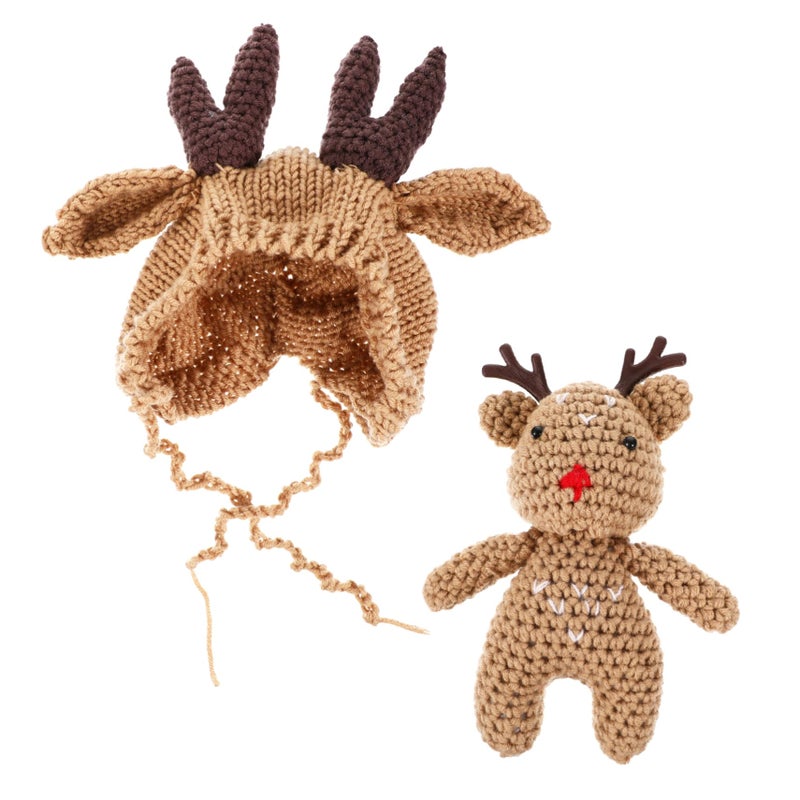 Brown Deer Antler Winter Hat Set Soft Knit Newborn Cap For Shower Photo Sessions - Image 2