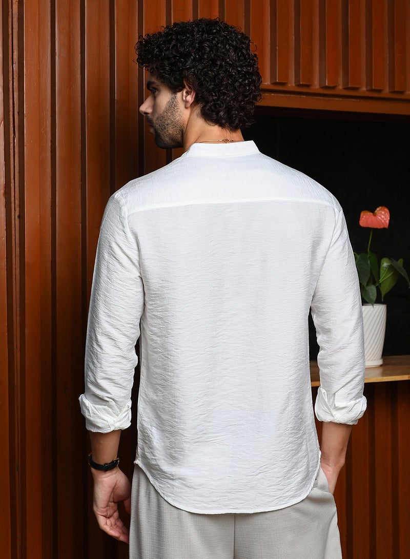Campus Sutra Men's Cream White Breezy Mandarin Shirt  - Image 5