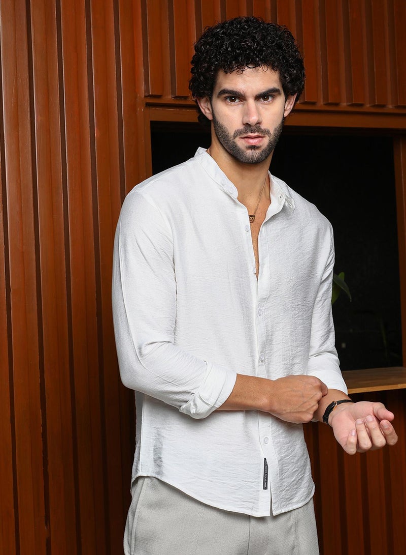 Campus Sutra Men's Cream White Breezy Mandarin Shirt  - Image 3