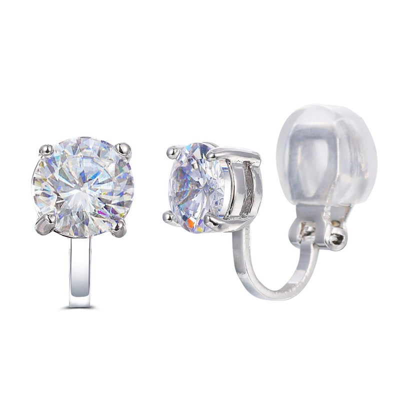 SELOVO Prong Setting 6mm Round Cubic Zirconia Clip on Stud Earrings Silver Tone - Image 1