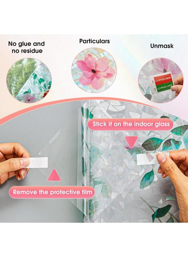 Coavas Stained Glass Window Privacy Film Magnolia Floral Decorative Static Cling Rainbow Decals Non-Adhesive Sun Blocking Stickers for Home Bathroom Glass Door, Pink, 17.5" x 78.7" - Image 5