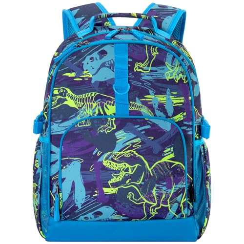 Choco Mocha Dinosaur Backpack for Boys, Elementary School Backpack for Boys Ages 6-8 Kids Kindergarten Backpack Bookbag 17 Inch with Chest Strap, Blue - Image 1